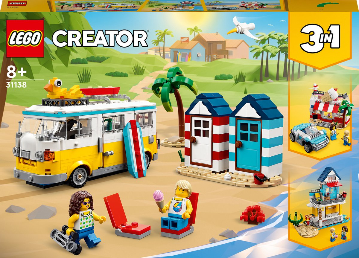 LEGO 31138 Creator 3 in 1 Strandkampeerbus Zomervakantie Modelbouwpakket met Strandhuis, Caravan en Surfer Speelgoed, Origineel Cadeau-idee voor Kinderen vanaf 8 Jaar