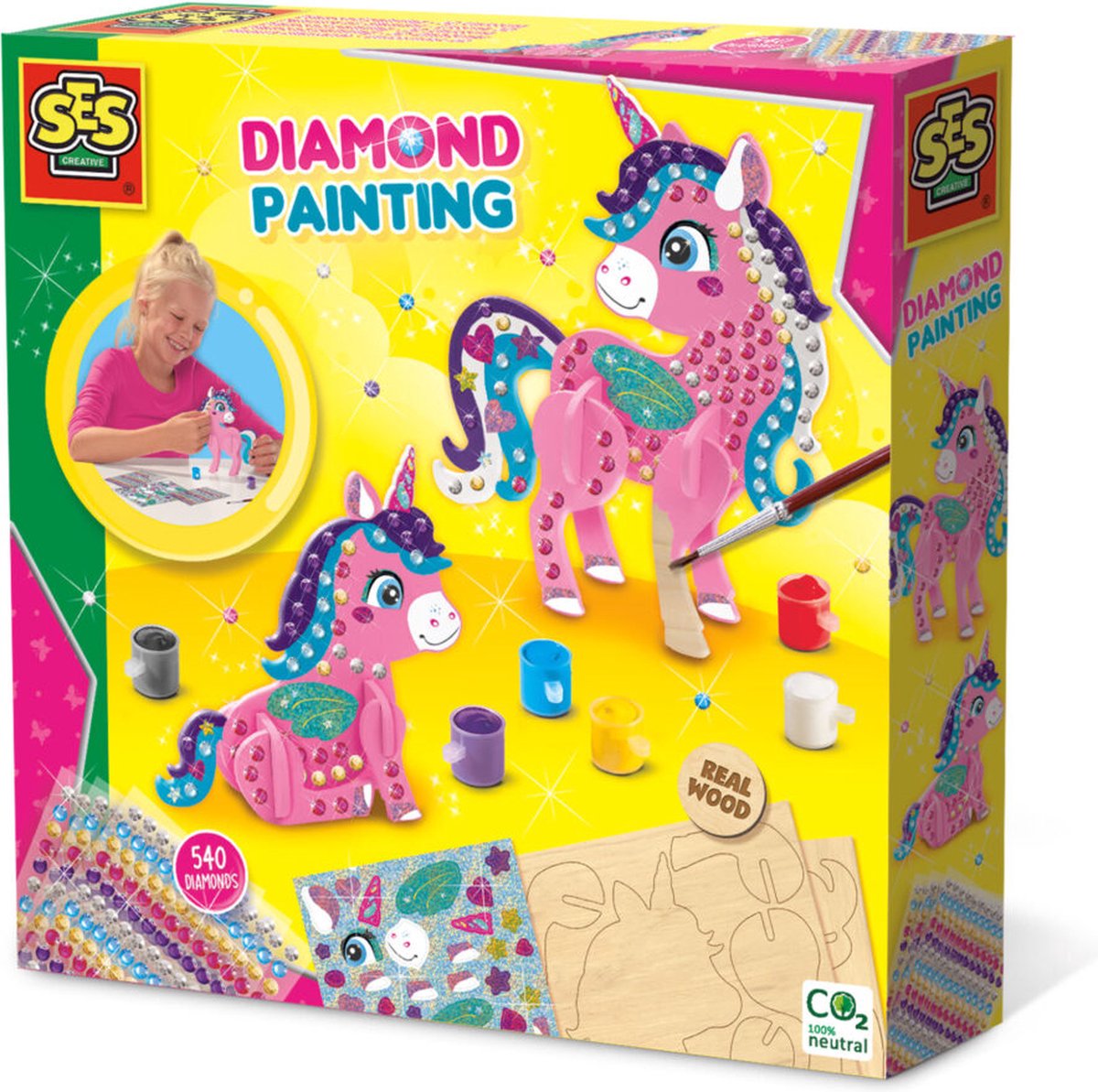   - Diamond painting - 3D Unicorns - houten eenhoorns - 540 diamant stickers - met glitterstickers