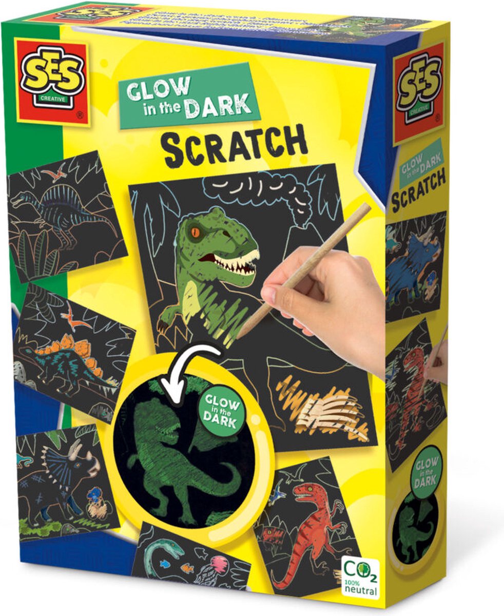   - Glow in the dark scratch - Dinos - 6 kaarten om te scratchen met houten stokje