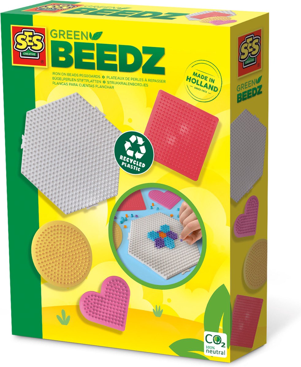   - Green Beedz - Strijkkralen legborden - 4 grondplaten - gemaakt van recycled kunststof - hexagon, vierkant, cirkel en hartje