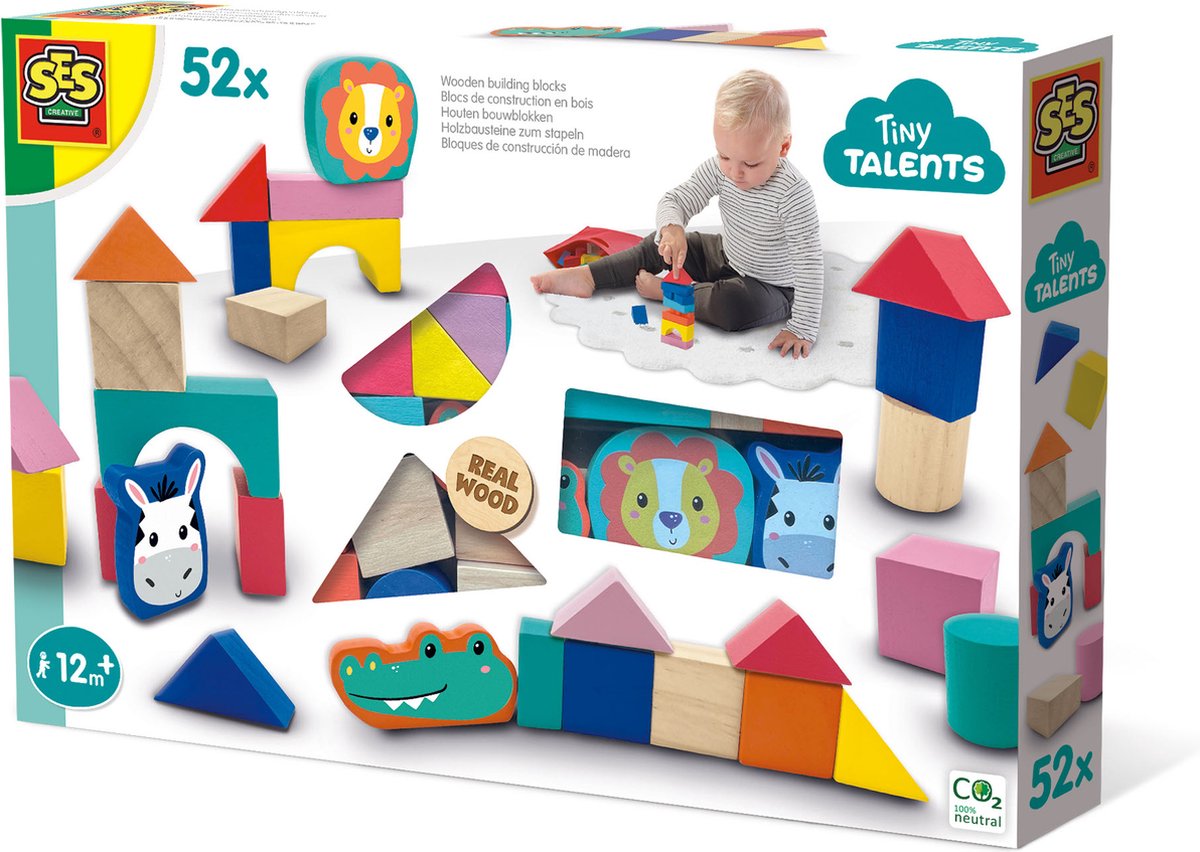   - Tiny Talents - Houten bouwblokken - 52-delige set - vrolijke kleuren - eindeloos te combineren