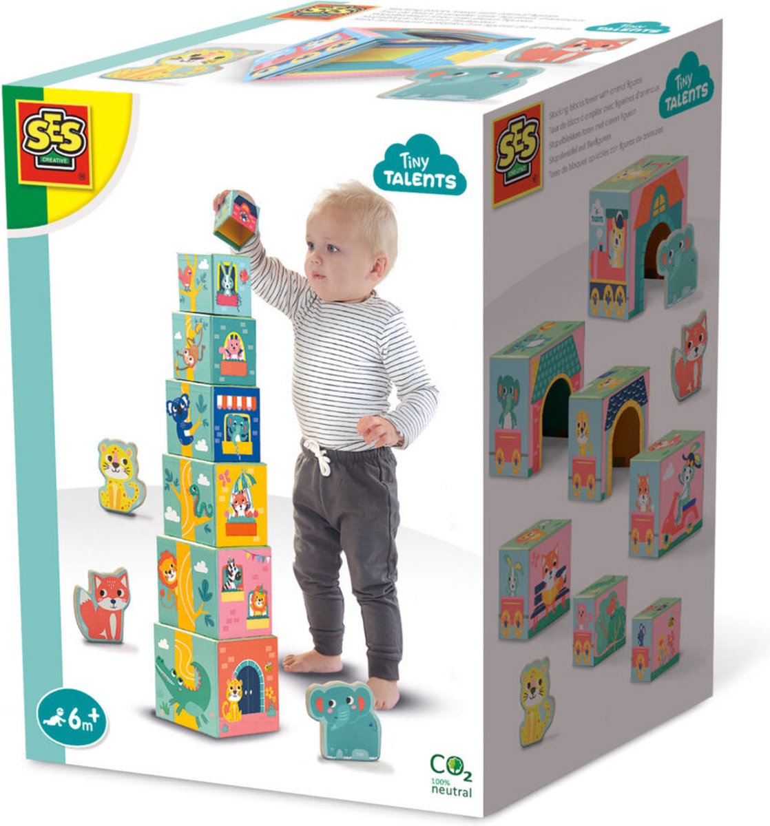   - Tiny Talents - Stapelblokken toren met dieren figuren - moderne, gekleurde illustraties - compact op te bergen