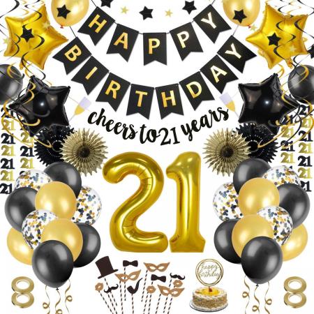 Partizzle® 21 Jaar Verjaardag Decoratie - Happy Birthday Ballonnen - Zwart en Goud Feest - 8719325749342