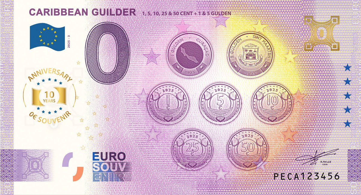 0 Euro biljet Nederland 2025 - Caribbean Guilder 1, 5, 10,25 & 50 Cent + 1 & 5 Gulden ANNIVERSARY