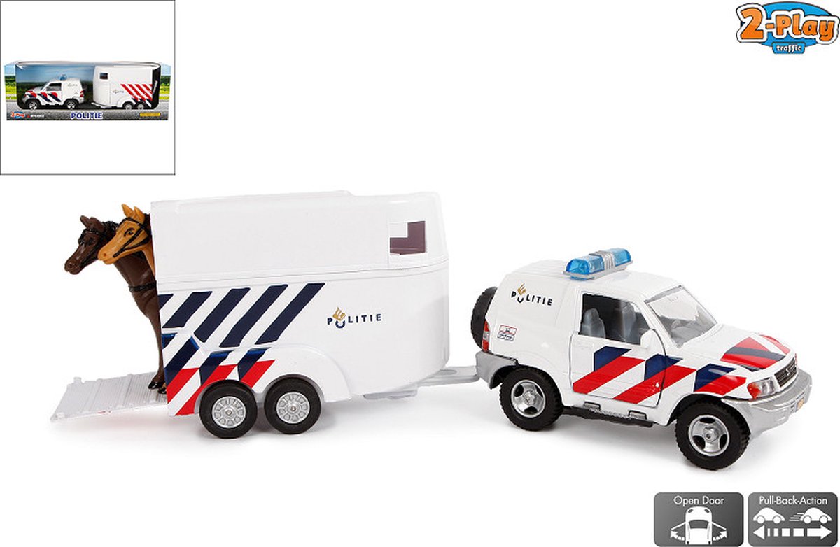 2-Play Politie Die Cast pull back auto met paardentrailer