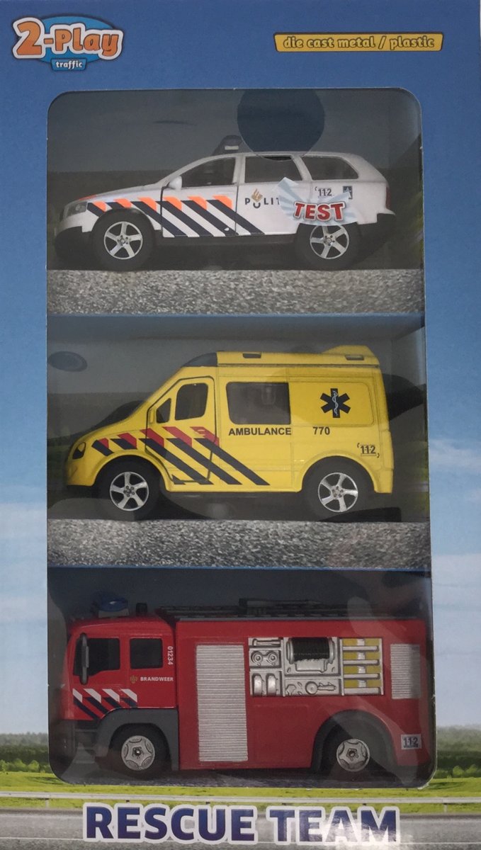 2-play - Rescue Team - politie, brandweer en ambulance - met licht en geluid - 3 stuks - 11 cm