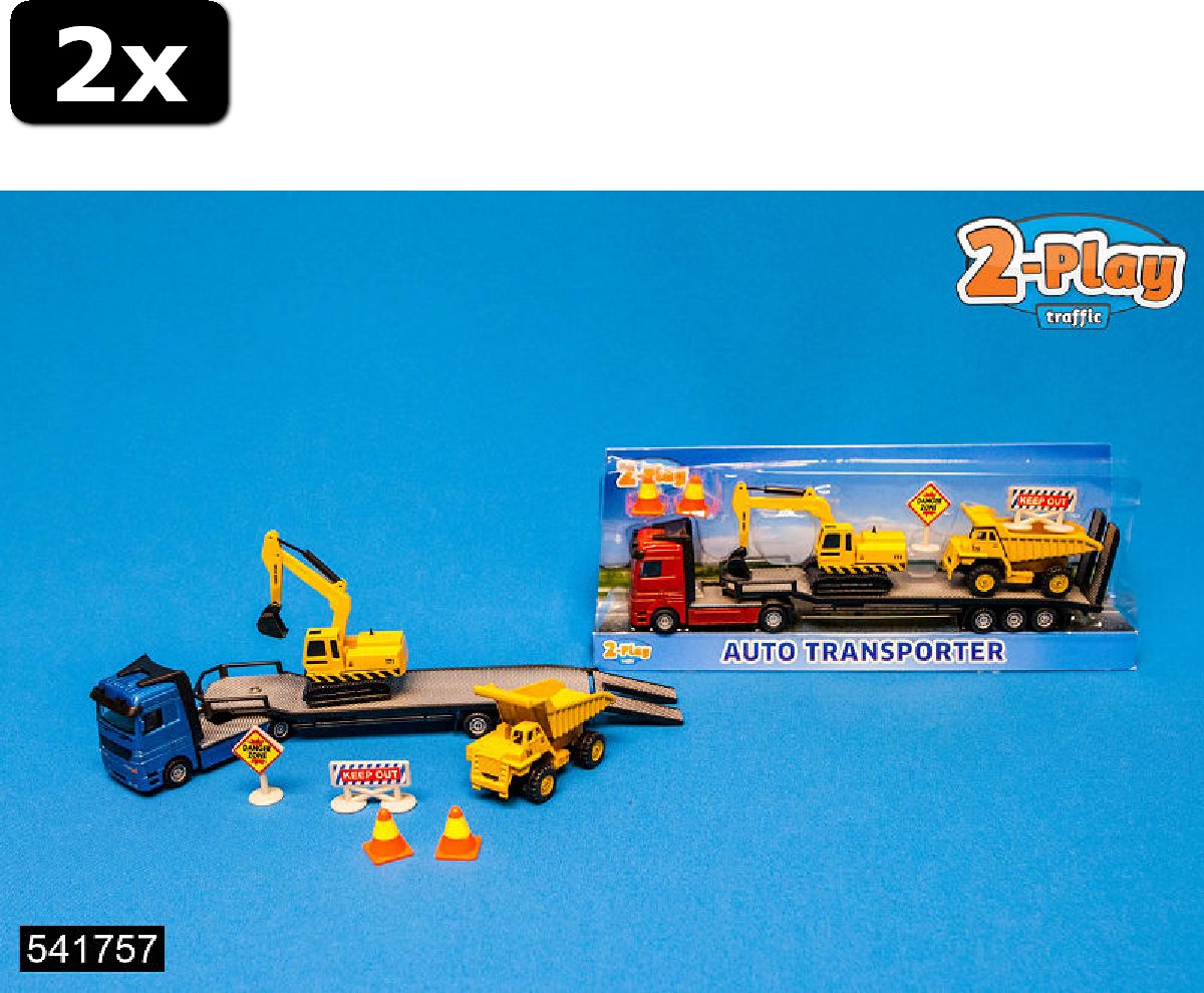 2x 2-Play Die Cast/Plastic dieplader met constructievoertuigen