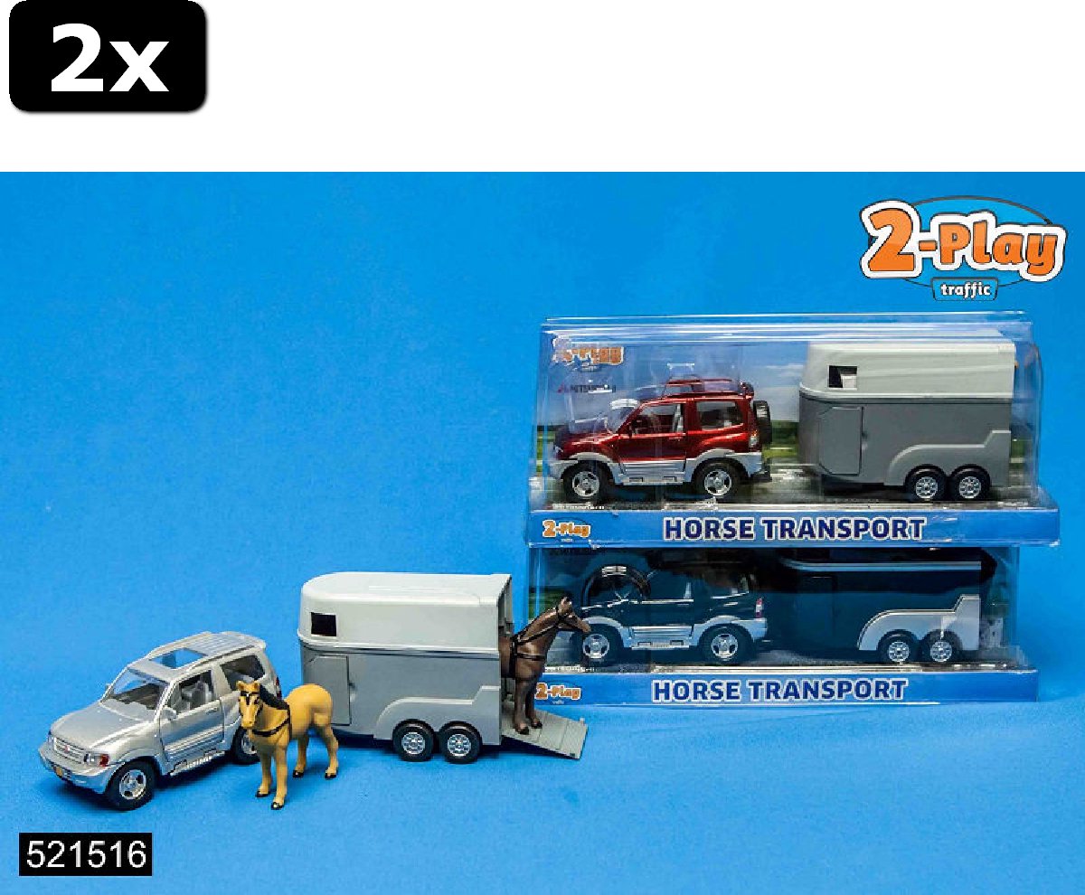 2x 2-Play Die Cast terreinwagen met paardentrailer 3 assorti