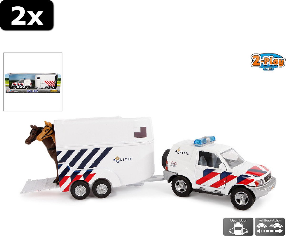 2x 2-Play Politie Die Cast pull back auto met paardentrailer