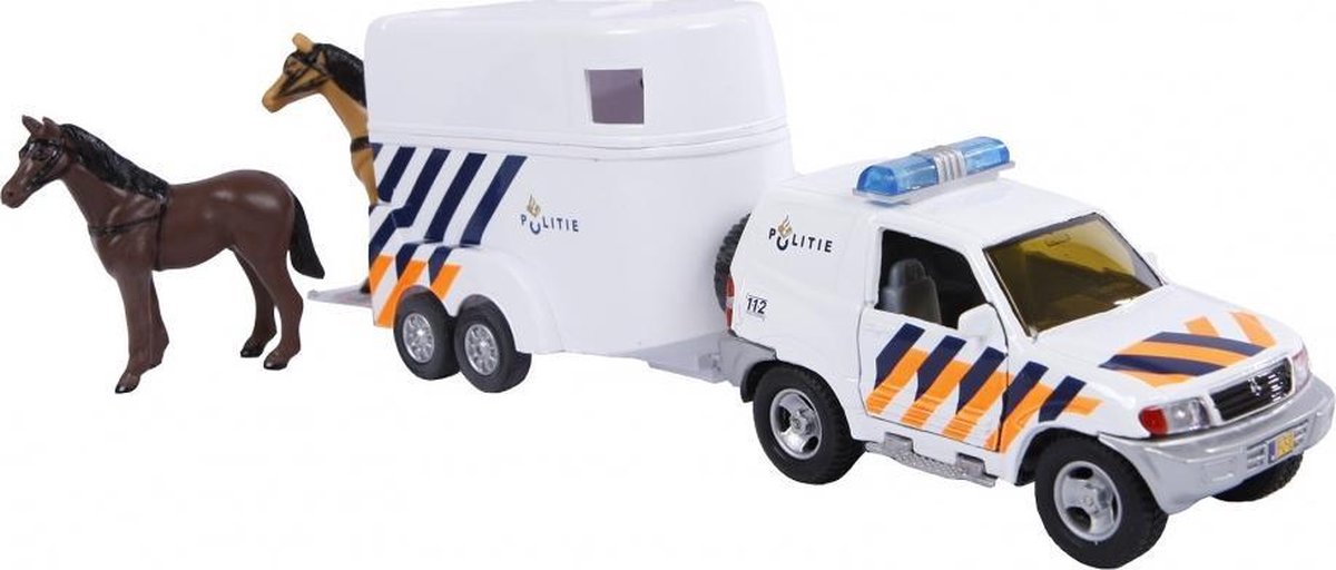 politie met paardentrailer diecast pull-back 25 cm wit