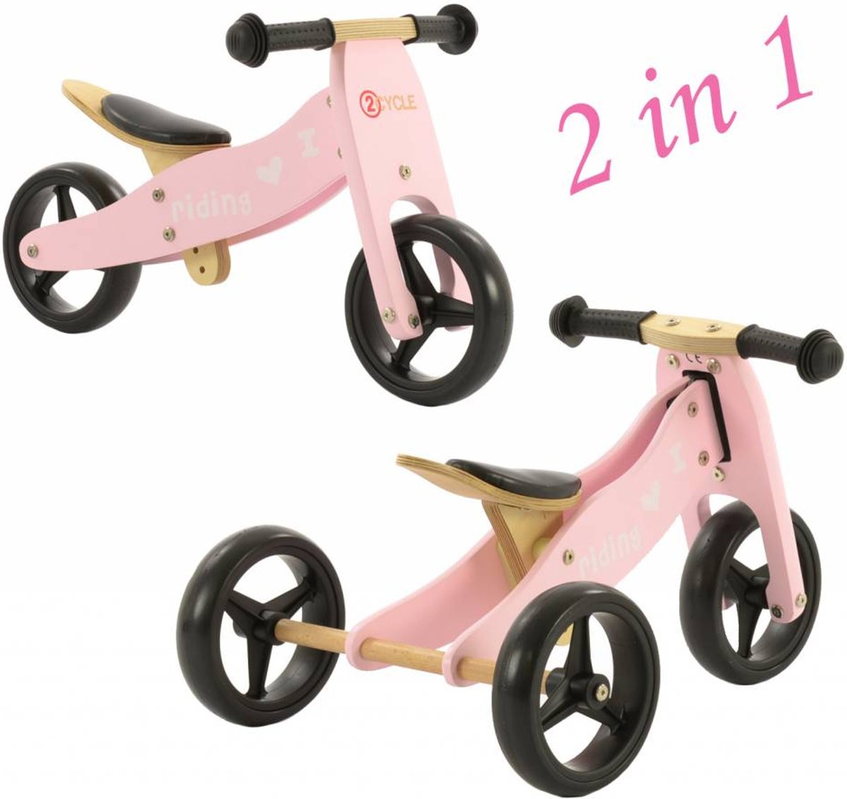 Loopfiets-Driewieler Hout 2 in 1 roze (1331)