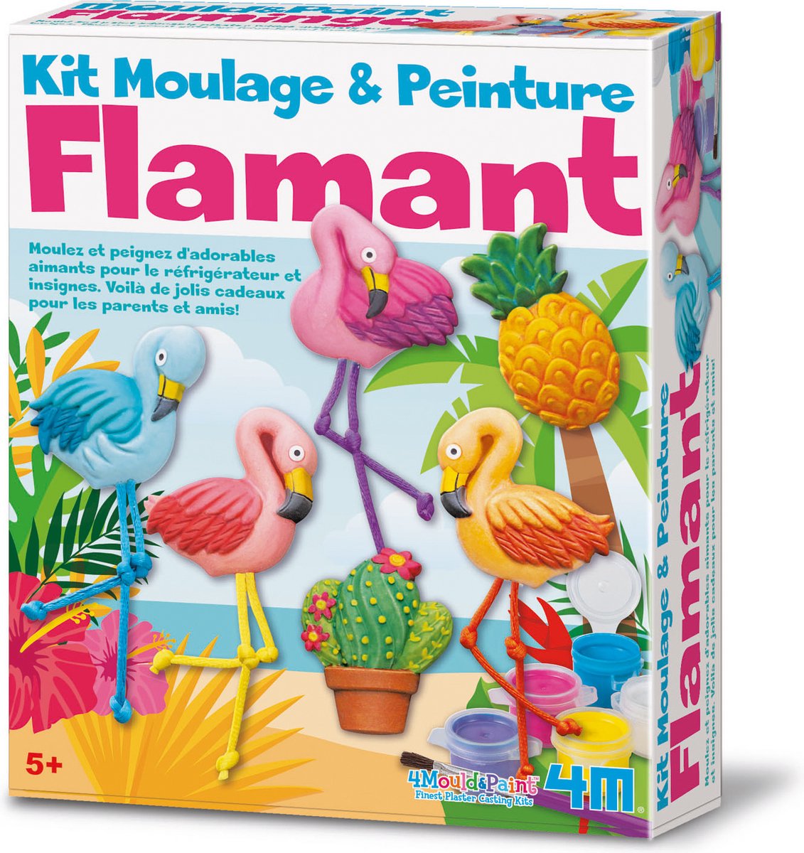 4M Crea GIPS GIETEN EN VERVEN: FLAMINGO / F R A N S T A L I G E VERPAKKING, bevat gietvorm met 6 figuren, plaaster, verf, penseel, magneetjes, speldjes en gedetailleerde instructies, in doos 18x22x5cm, 5+