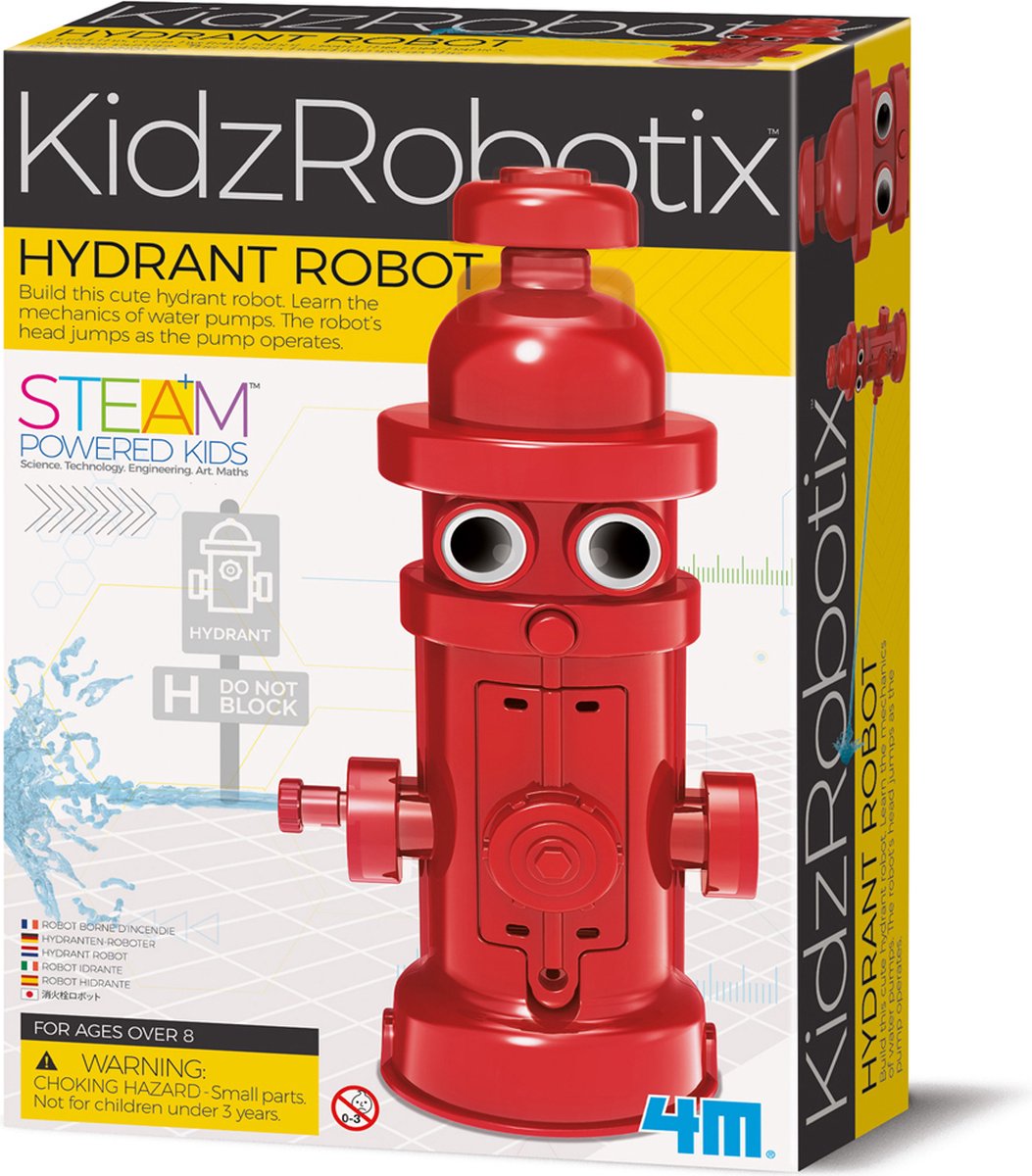 4M KIDZROBOTIX: HYDRANT-ROBOT H20,5cm, met gedetailleerde instructies, werkt op 2x1.5V AAA batterijen (niet inbegrepen), doos 22x17x6cm, 8+