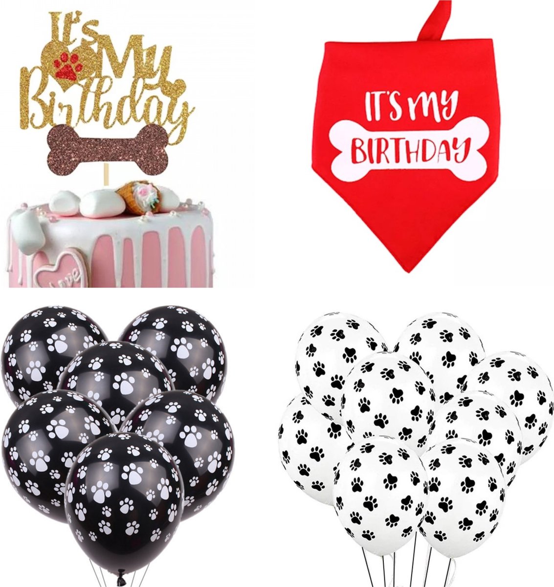 16-delige honden verjaardag set Its My Birthday rood met taarttopper, ballonnen en bandana - hond - huisdier - verjaardag - bandan - ballon