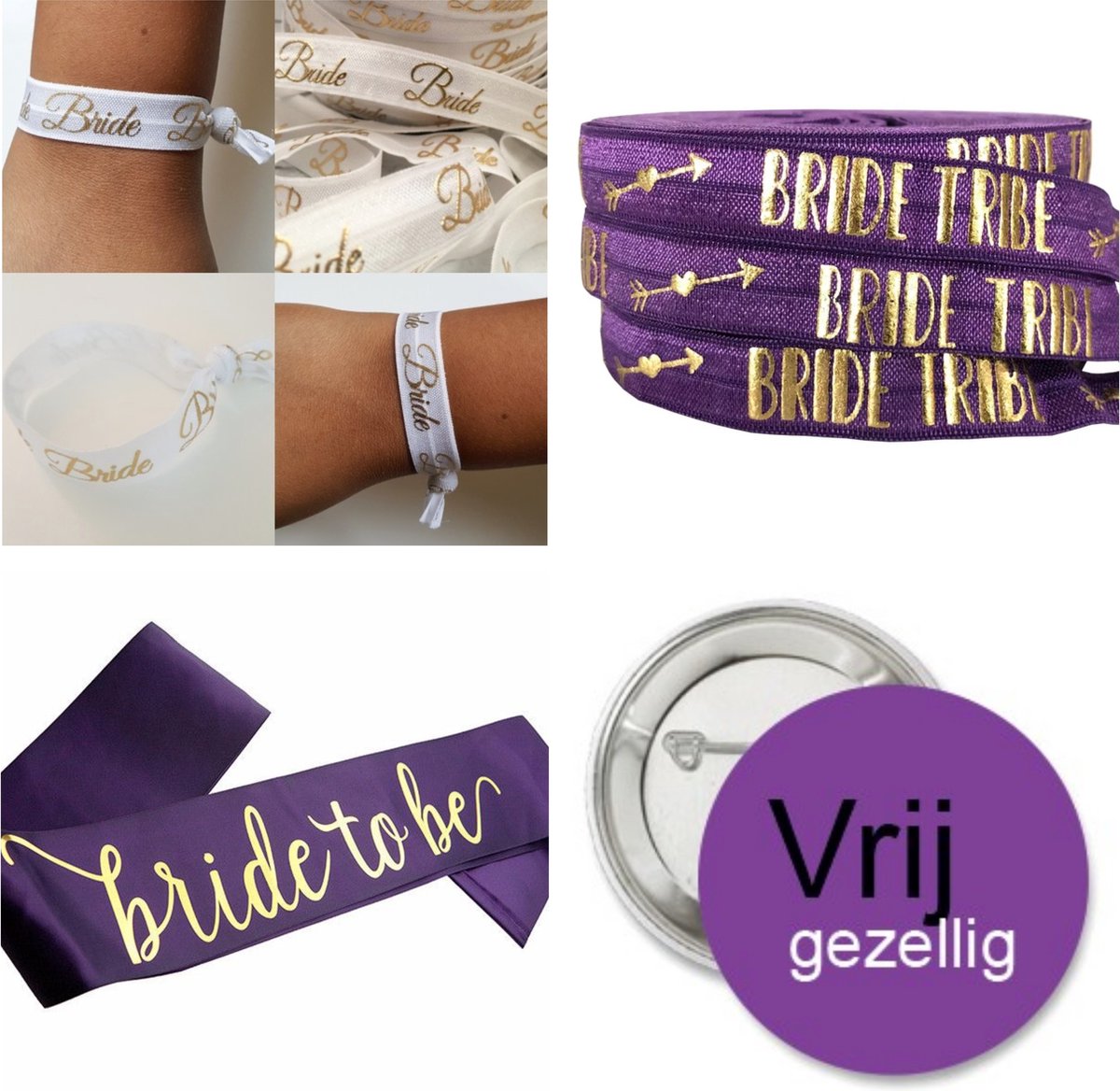 16-delige vrijgezellenfeest set Bride to Be paars wit goud met sjerp, buttons en armbanden