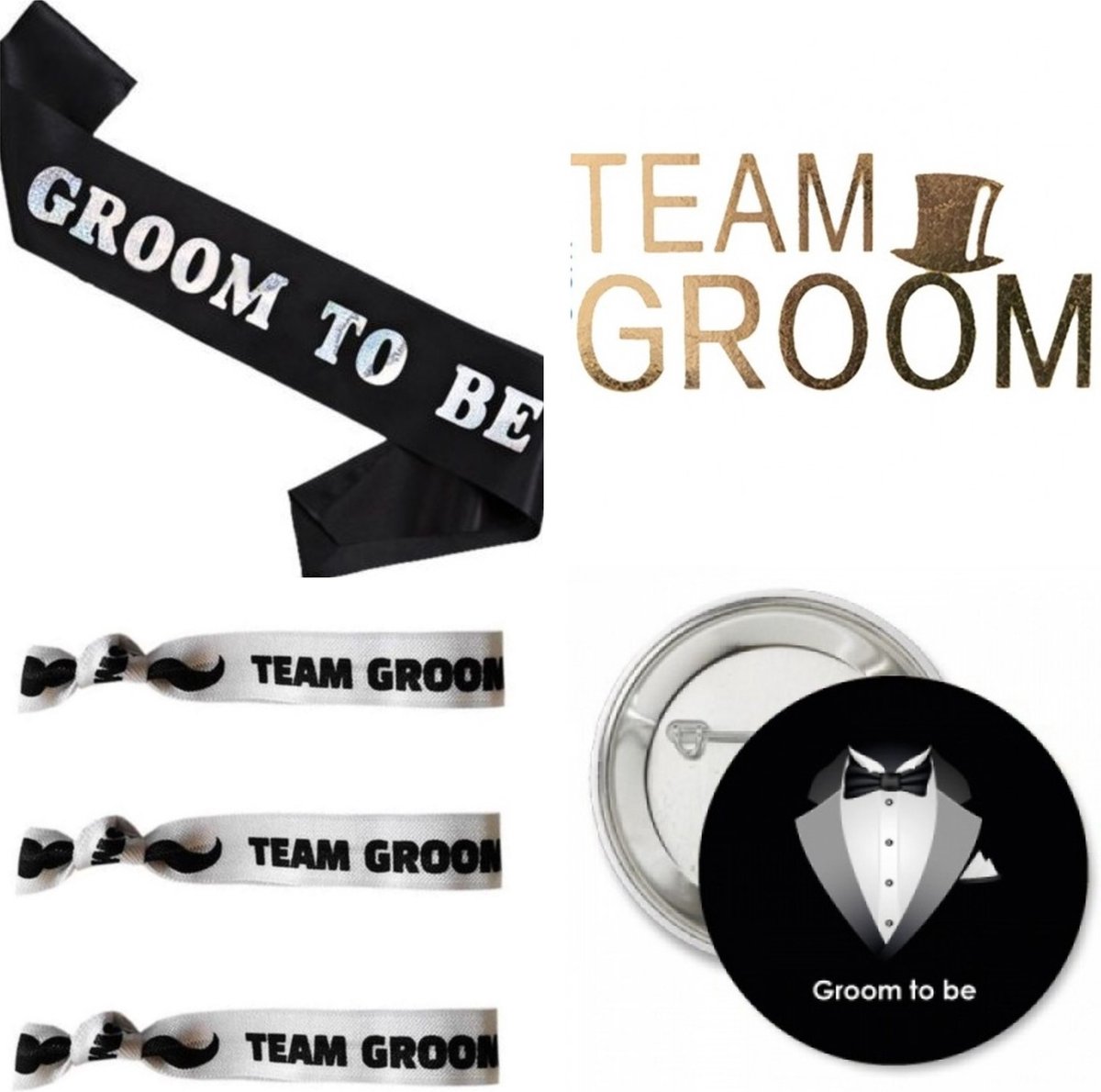 18-delige Vrijgezellenfeest set Team Groom met sjerp, button, tatoeages en armbanden - bruidegom - groom - trouwen - vrijgezellenfeest - button - sjerp - armband - tatoeage