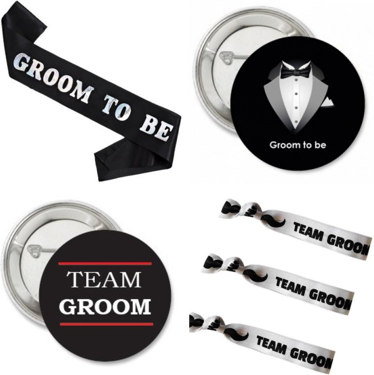 18-delige Vrijgezellenfeest set Team Groom met sjerp, buttons en armbanden - bruidegom - groom - trouwen - vrijgezellenfeest - button - sjerp - armband