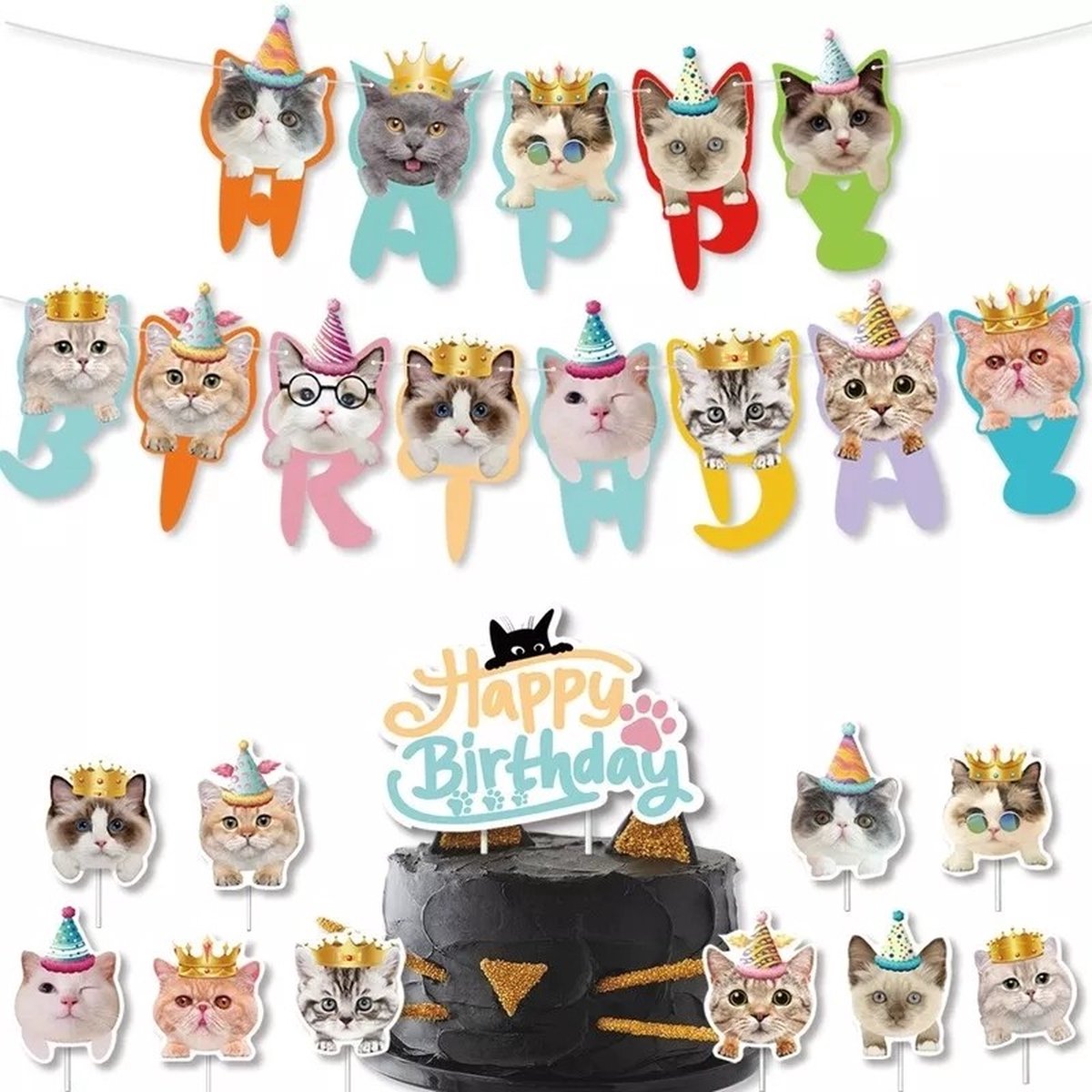 18-delige poezen party set Happy Birthday Cats - kat - poes - verjaardag - slinger - cupcake - taart - topper