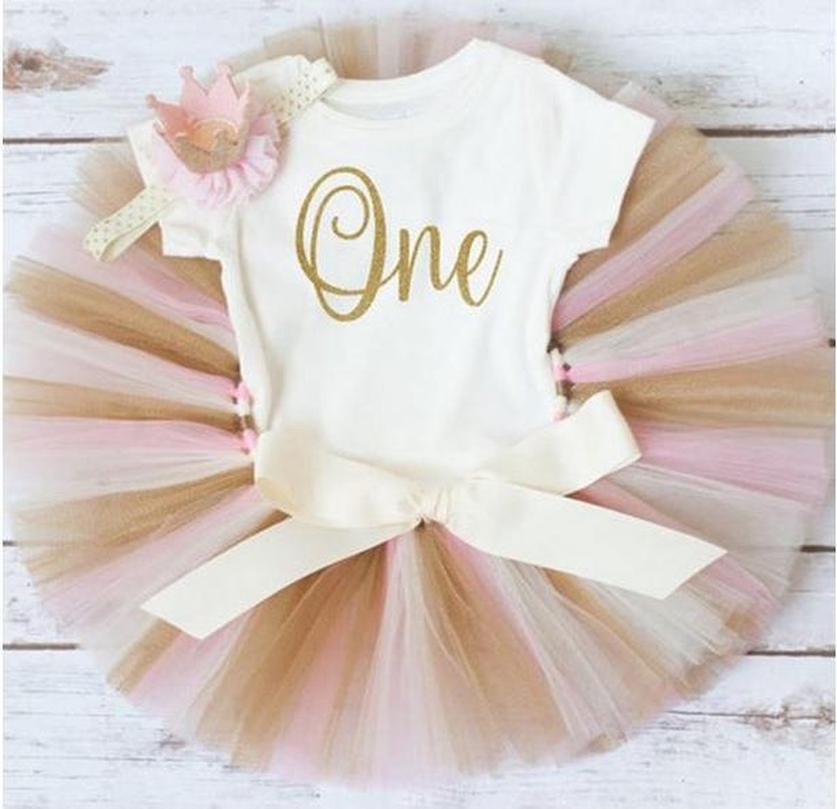 1e verjaardag cakesmash set Ivory, Pink and Gold de Luxe - 1e verjaardag - cakesmash - babykleding - tutu - kinderkleding - romper