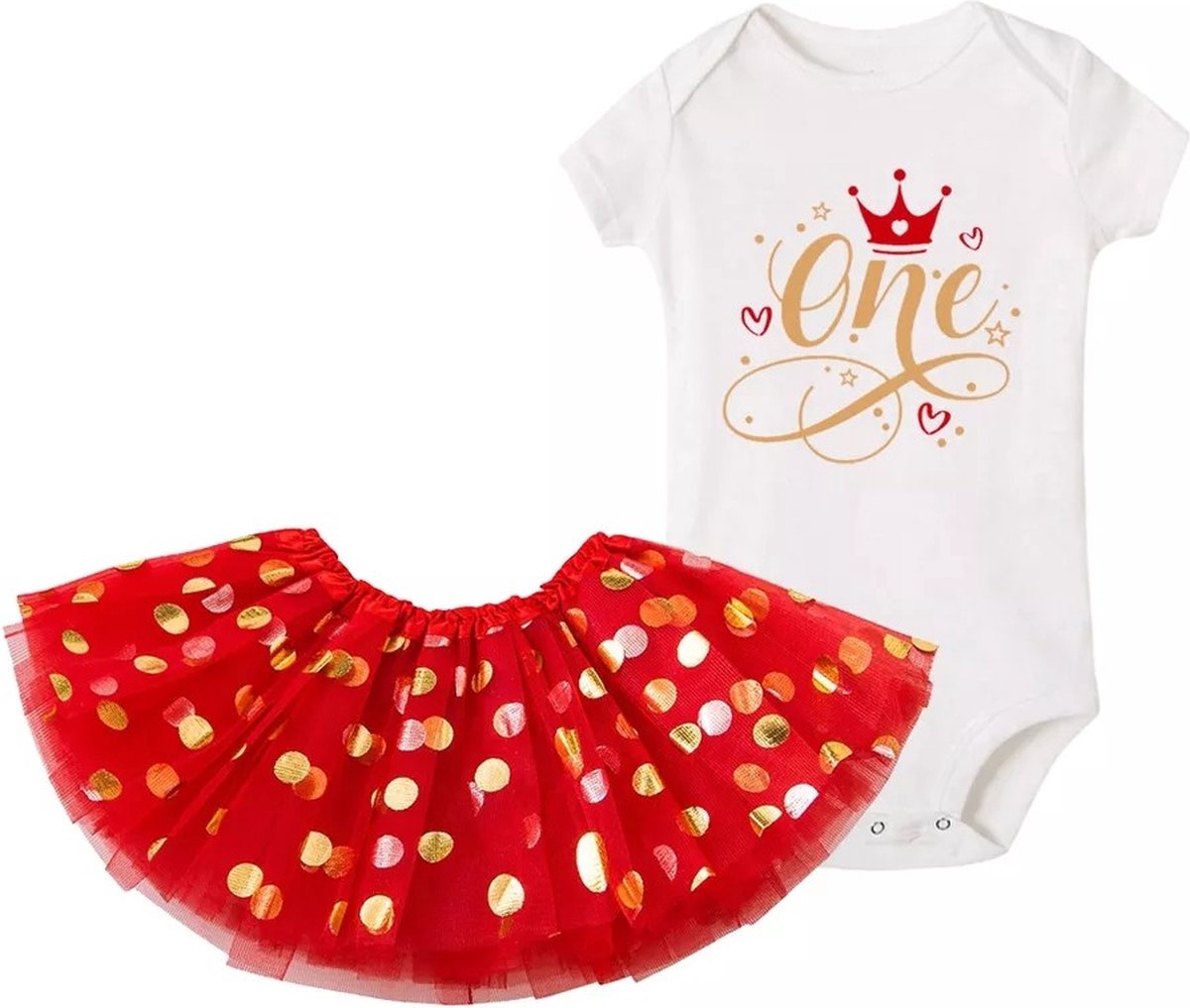 2-delig 1e verjaardag cakesmash setje One Red White Gold - maat 80 - kinderkleding - tutu - cakesmash