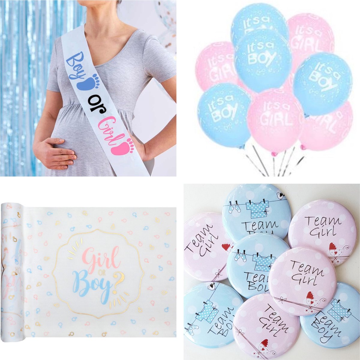 22-delige Genderreveal set Boy or Girl met sjerp, buttons, ballonnen en tafelloper - boy - girl - zwanger - geboorte - baby - genderreveal - babyshower