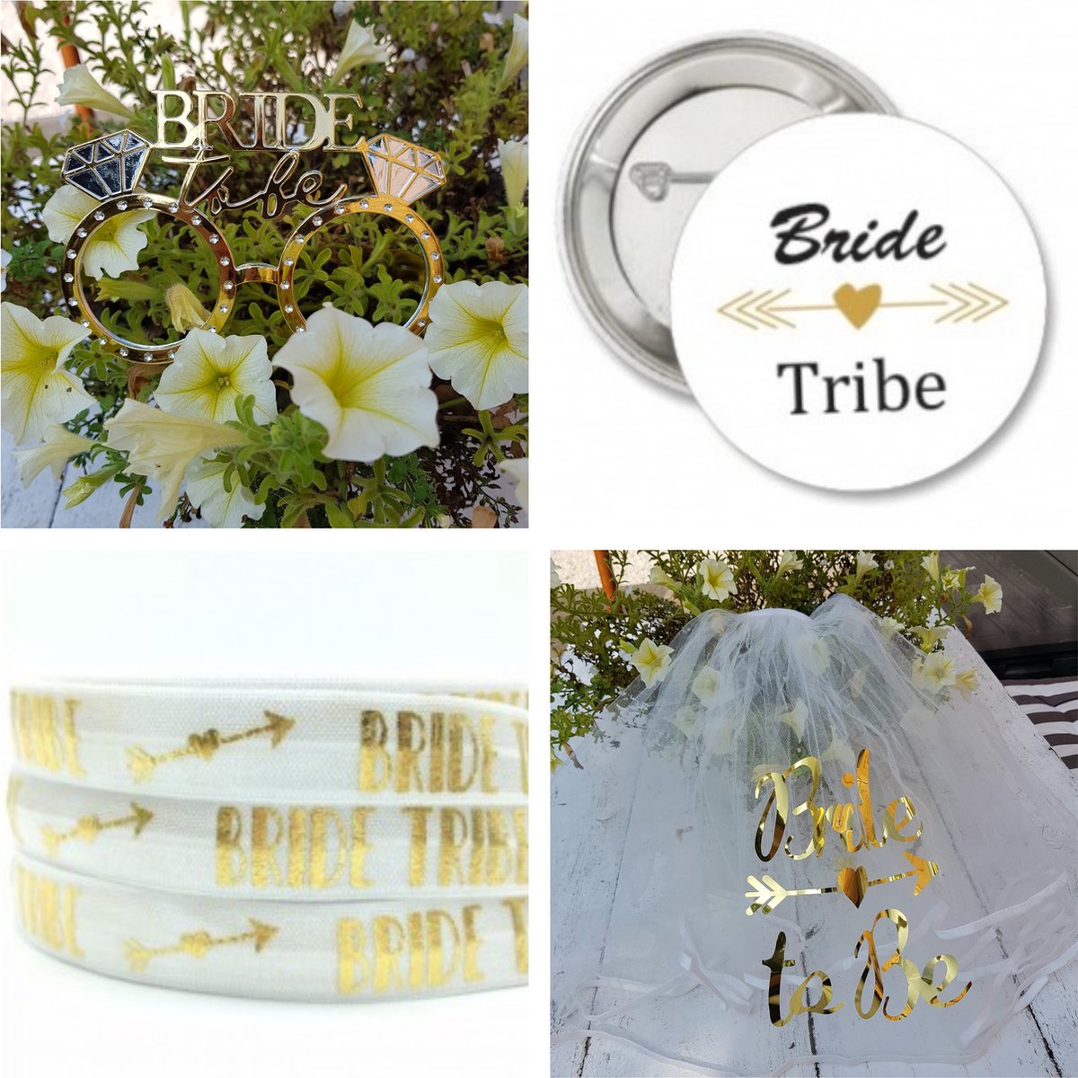 22-delige vrijgezellenfeest set Bride to Be en Bride Tribe - bride to be - sluier - button - armband - team bride