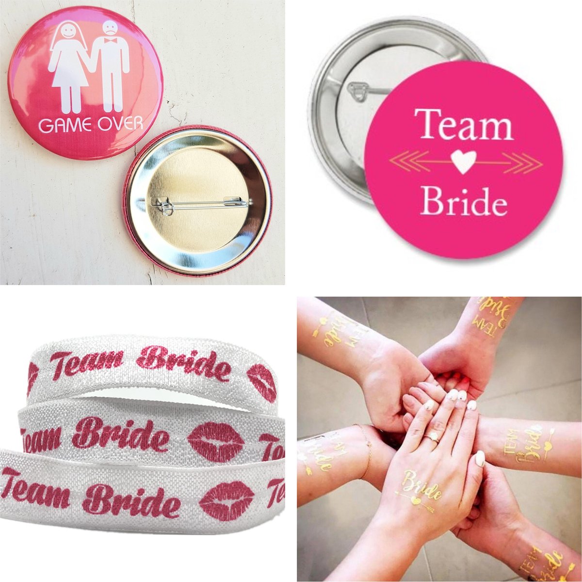 22-delige vrijgezellenfeest set Team Bride en Game over met buttons, armbanden en tijdelijke tatoeages - vrijgezellenfeest - Bride to Be