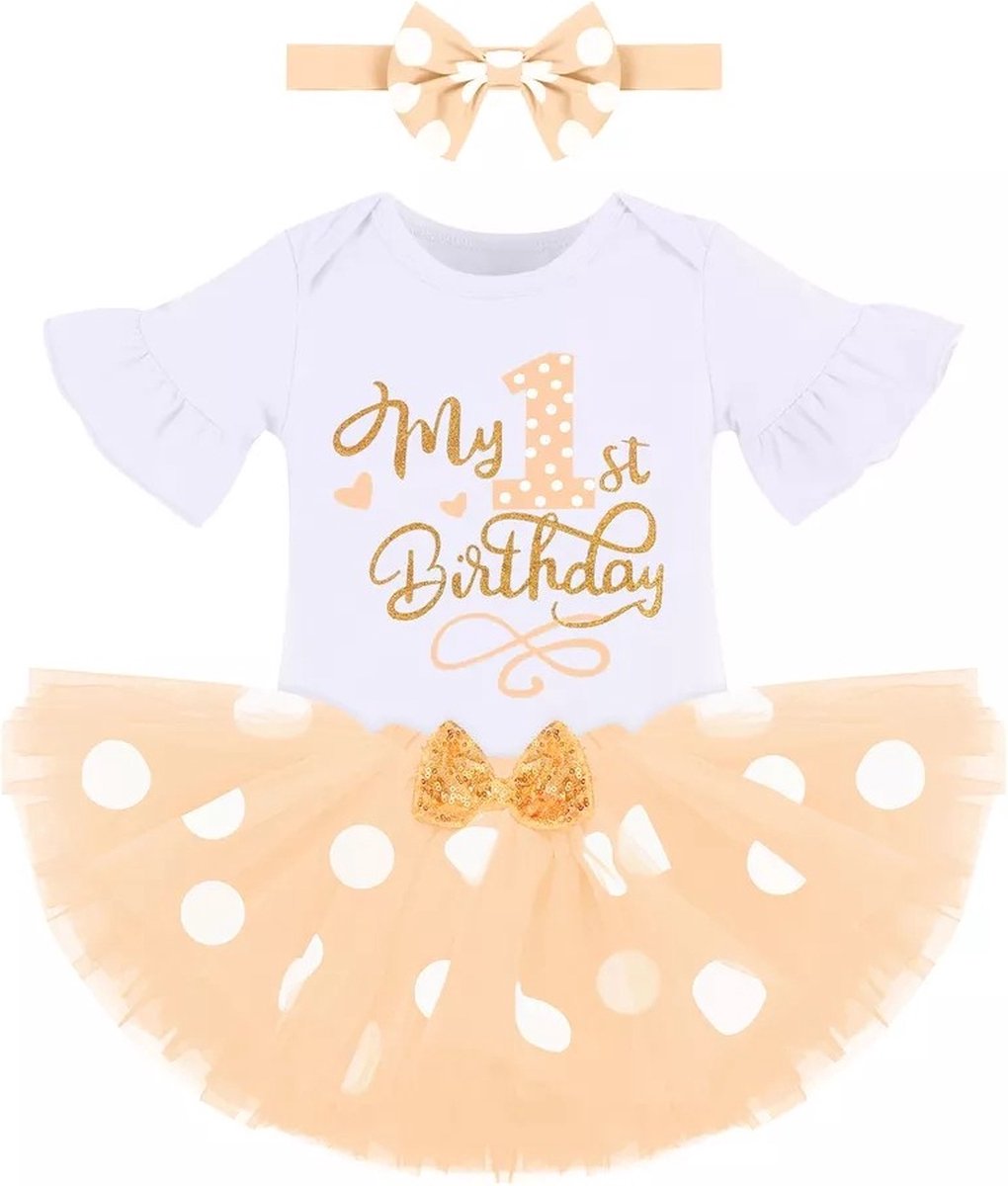 3-delige luxe 1e verjaardag cakesmash set My First Birthday zalm oud roze en wit - maat 80 - kinderkleding - cakesmash - eerste - vrjaardag