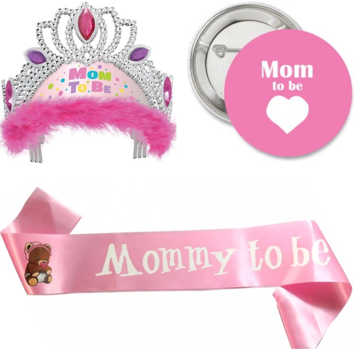 3-delige set Mom to Be met tiara, sjerp en button - babyshower - genderreveal - zwanger - geboorte - baby