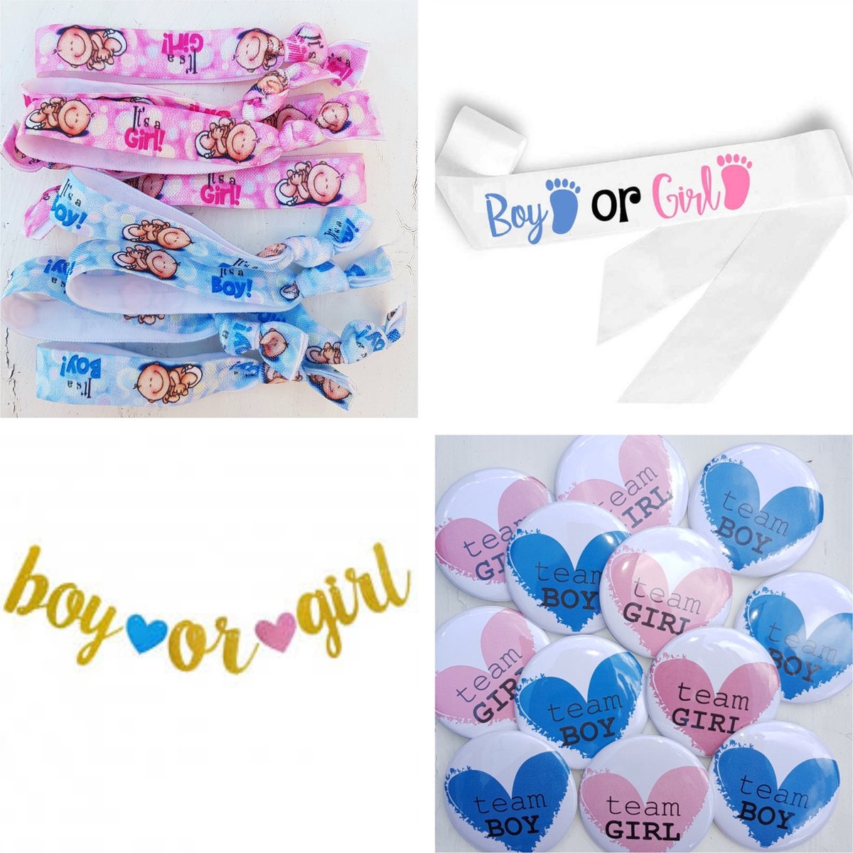 30-delige Genderreveal set Boy or Girl met armbanden, sjerp, banner en buttons - boy - girl - zwanger - geboorte - baby - genderreveal - babyshower