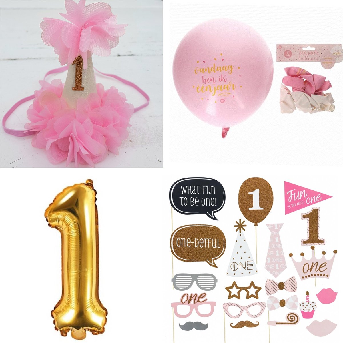 32-delige eerste verjaardag set met hoedje ballonnen en fotoprops roze wit en goud - cakesmash - 1e verjaardag