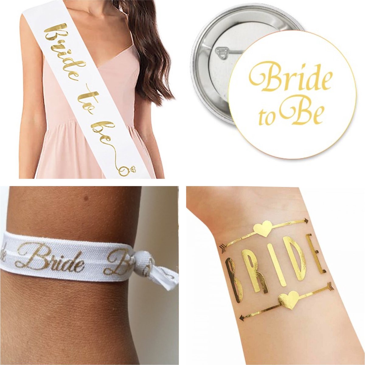 4-delige Vrijgezellenfeest set Bride to Be wit met goud met sjerp button armband en tatoeage - vrijgeellenfeest - bride to be - bruid - trouwen - sjerp