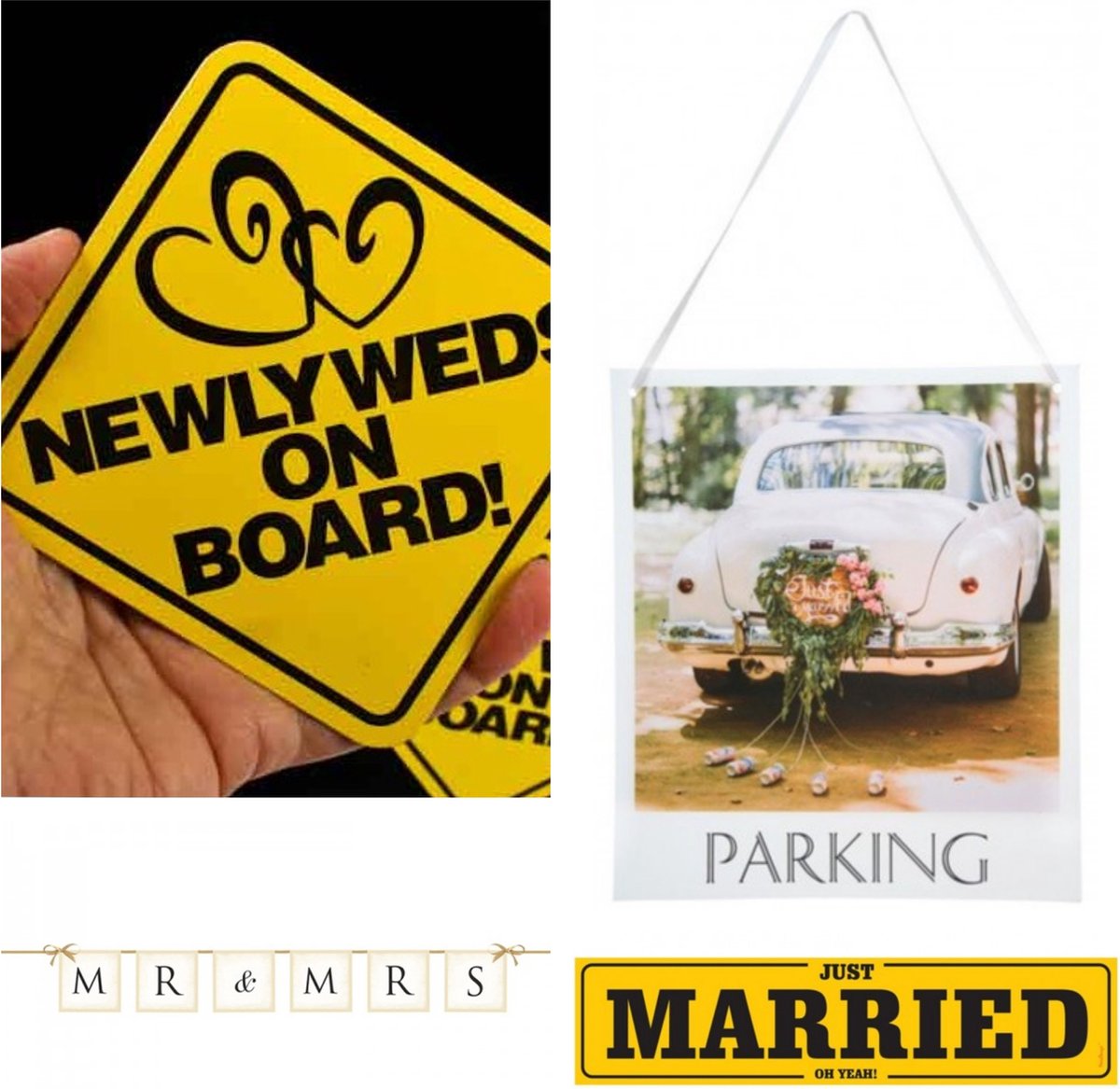 4-delige bruidsauto decoratie set Just Married, mr & mrs en Parking - trouw - trouw vervoer - auto - decoratie - trouwen - just married