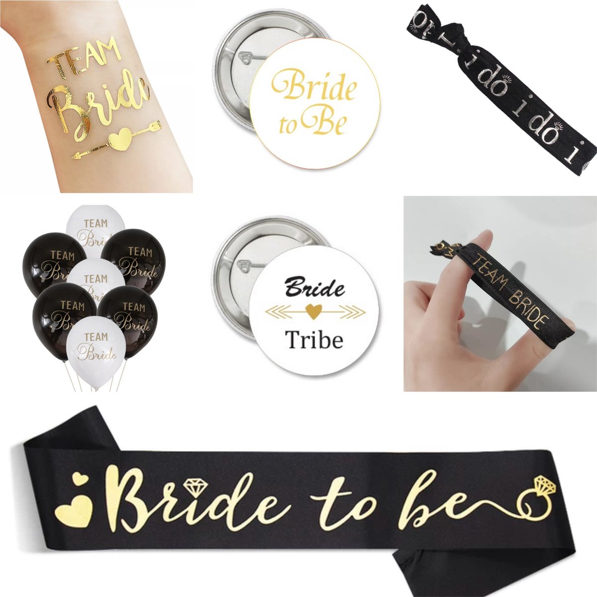 40-delige Vrijgezellenfeest set Bride en Team Bride goud wit zwart met buttons, ballonnen, tatoeages, sjerp en armbanden - vrijgezellenfeest - bride to be - trouwen