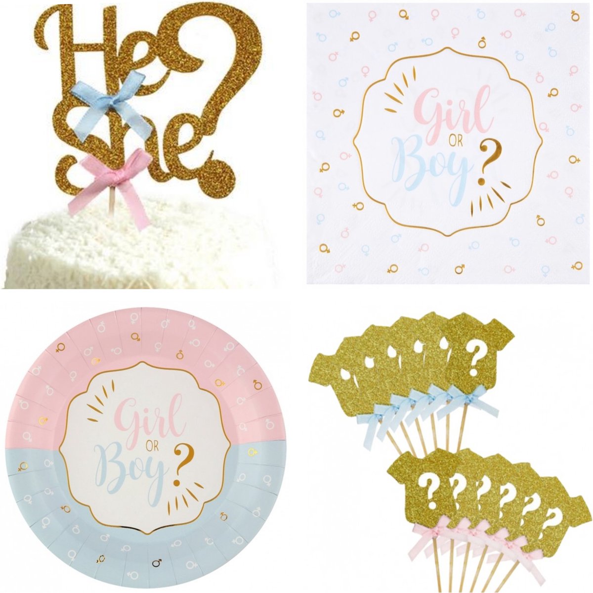 43-delige Genderreveal set met taart topper, cupcake prikkers, bordjes en servetten - genderreveal - geboorte - babyshower - boy or girl