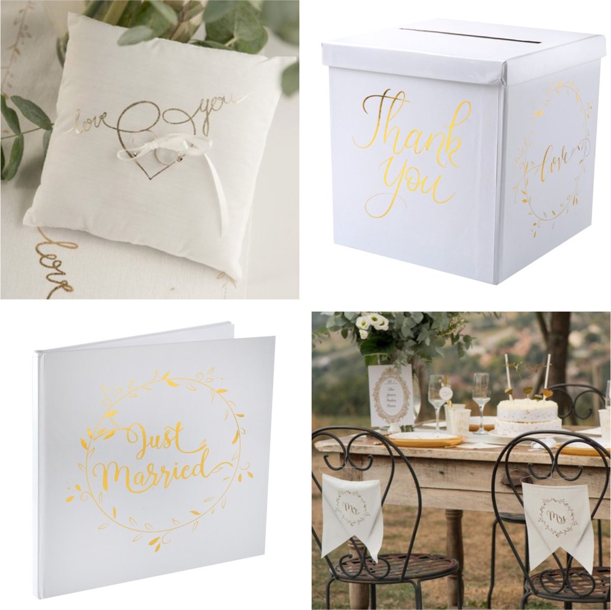 5-delige bruidsset Just Married wit met goud met gastenboek, moneybox, ringkussen en stoeldecoraties - gastenboek - ringkussen - stoel - decoratie - mr - mrs