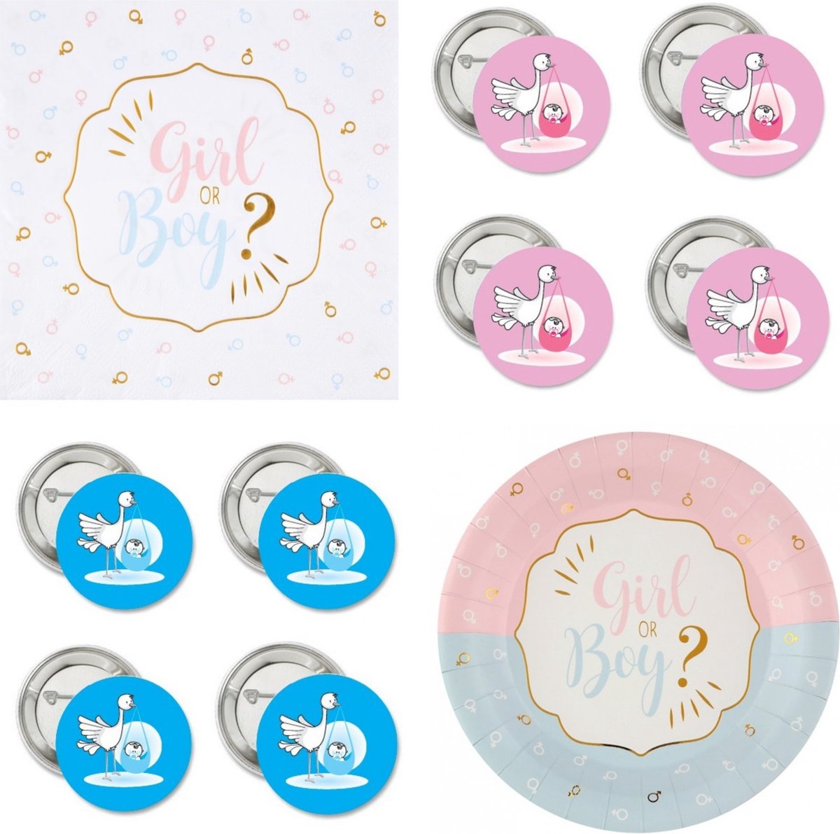 50-delige genderreveal set Boy or Girl Ooievaar roze blauw en goud met bordjes, servetten en buttons - zwanger - geboorte - babyshower - genderreveal - boy or girl