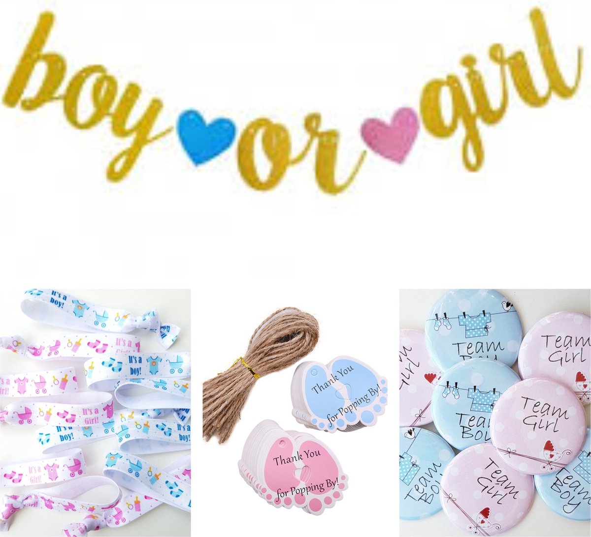 61-delige Genderreveal XL set Boy met banner, armbanden, buttons en kaartjes - genderrveal - kraamfeest - babyshower - geboorte - zwanger - boy or girl