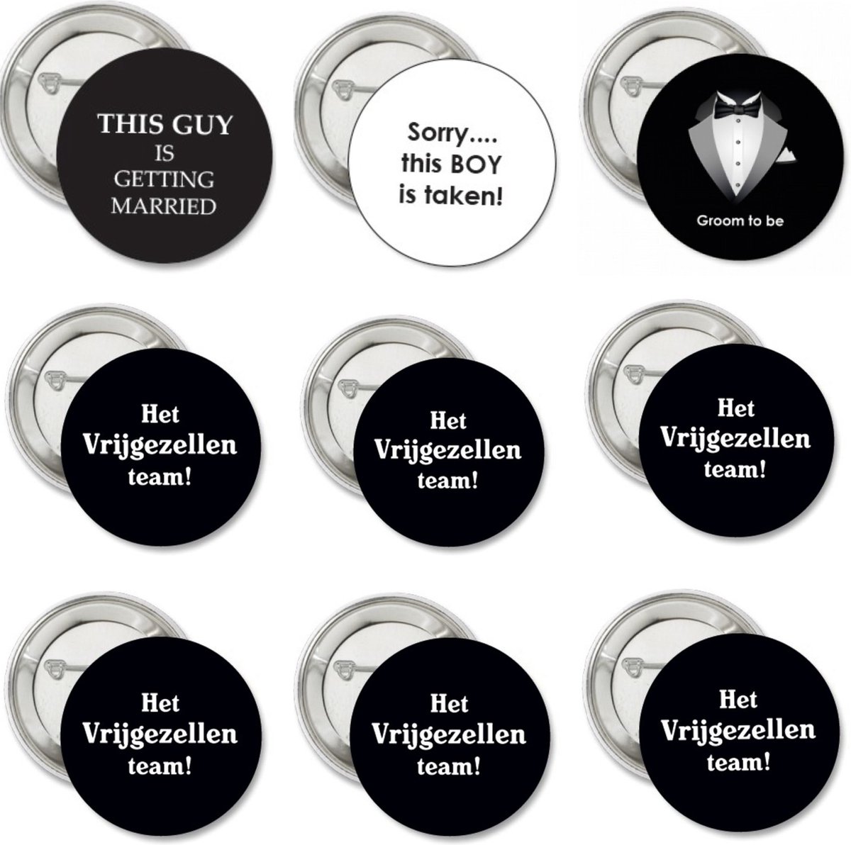 9-delige button set Het Vrijgezellenteam zwart en Groom to Be - vrijgezellenfeest - groom - trouwen - huwelijk - bruidegom