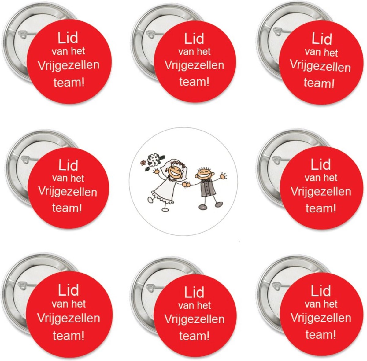 9-delige button set Lid van het Vrijgezellenteam rood en Happy Couple - vrijgezellenfeest - button - trouwen - huwelijk - bruidspaar