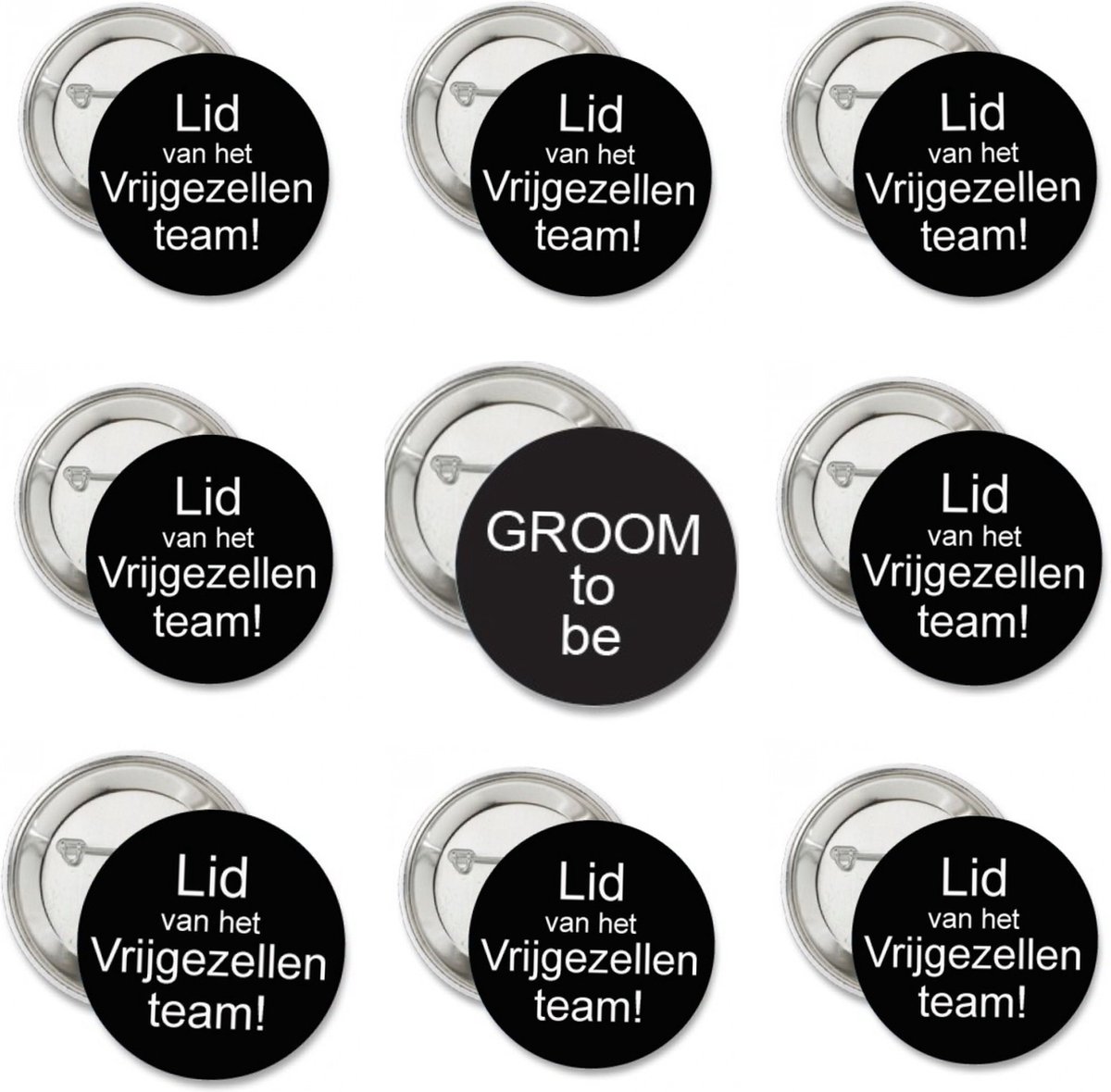 9-delige button set Lid van het Vrijgezellenteam zwart en Groom to Be - vrijgezellenfeest - groom - trouwen - huwelijk - bruidegom