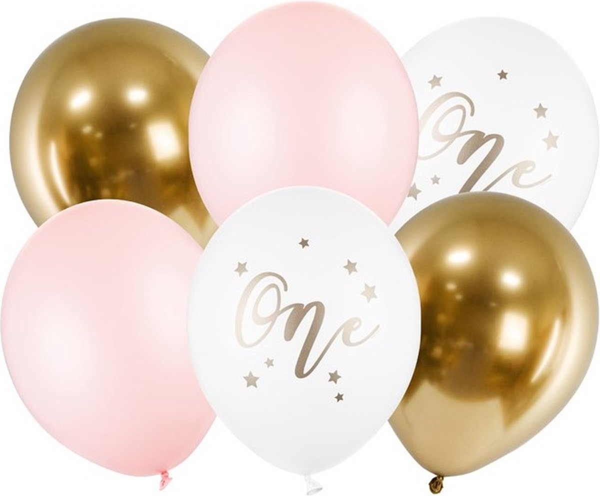 Ballon set One roze wit goud 6 delig - ballon - cakesmash - 1e - verjaardag - deoratie - feest