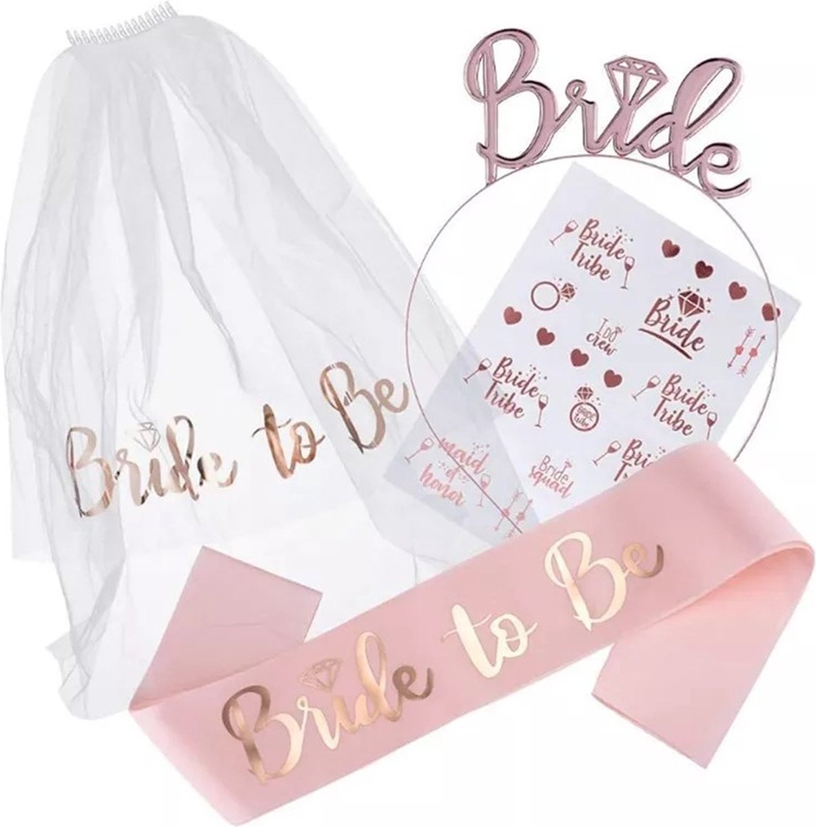 Bride to Be set rosé goud met sjerp en diadeem Bride to Be rosé goud, een sluier en een vel met verwijderbare bruidstatoeages - vrijgezellenfeest - bride to be - bruid