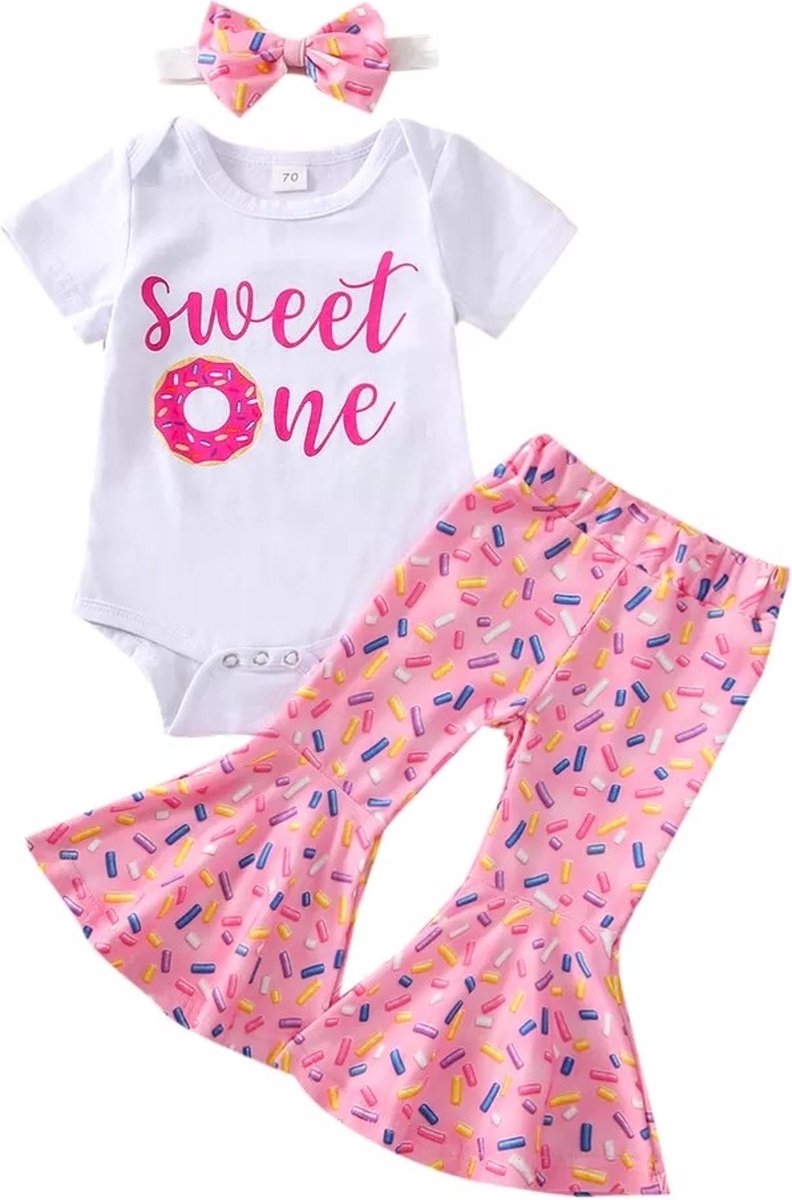 Cakesmash 3-delig setje met broek Sweet One Donut wit met donker roze / first birthday outfit / eerste verjaardag set / een jaar / babykleding / kleding 1 jaar - flowerpower - cakesmash