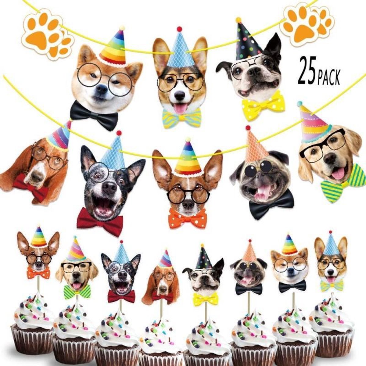 Happy Birthday Dog slinger en cupcake topper set 25 delig - hond - honden slinger - honden cupcake topper - hondenverjaardag - honden decoratie