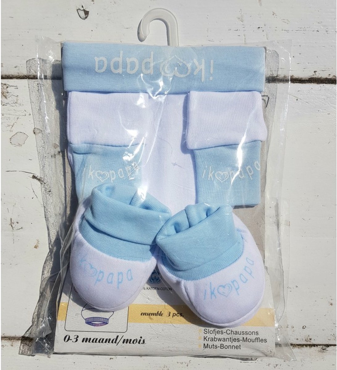 Ik Hou van Papa wit met blauw 3-delig setje met muts, slofjes en wantjes - kraamcadeau - geboorte - zwanger - baby - babyshower