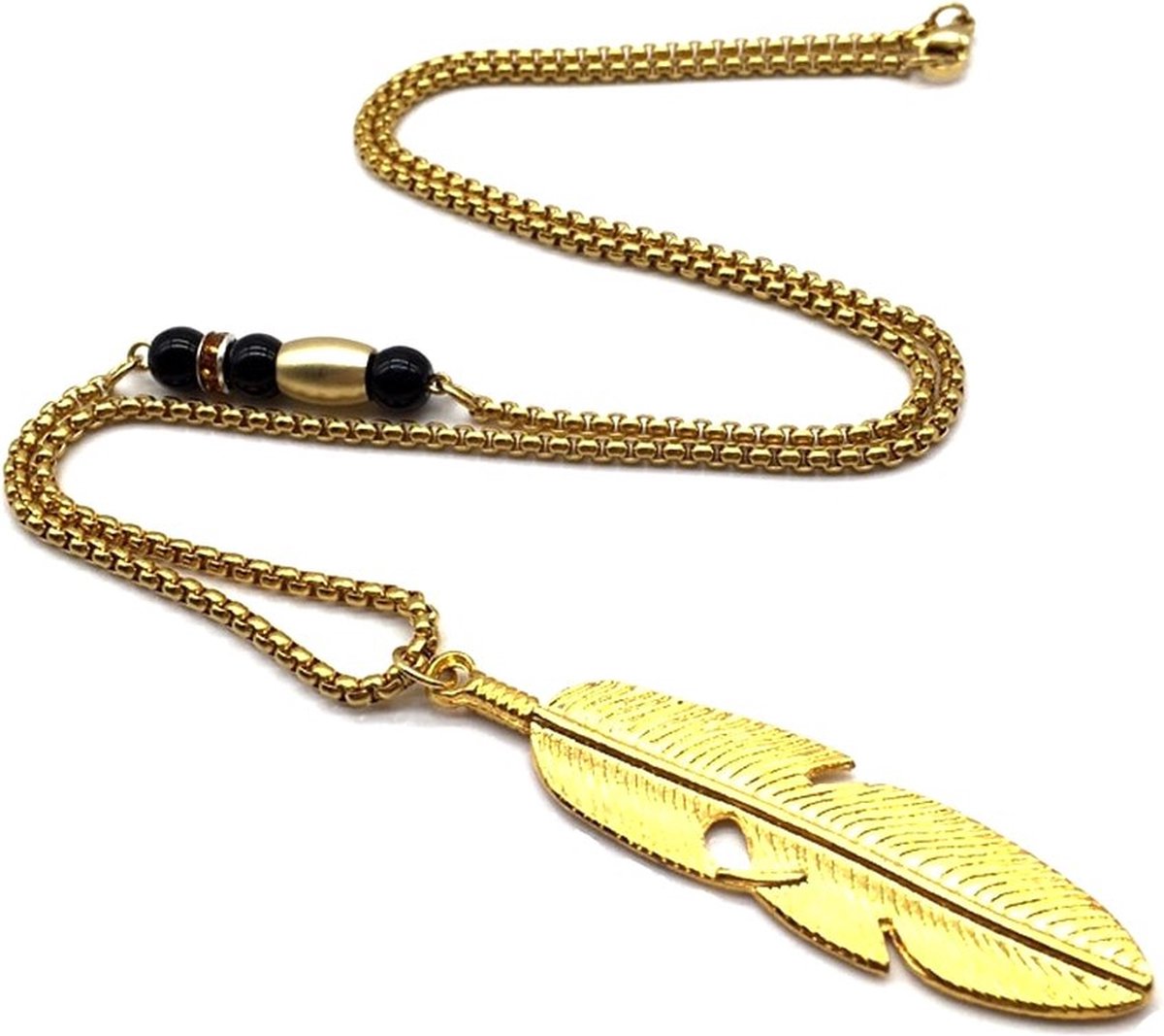 Ketting Feather and Beads goud met zwart - heren ketting - mannenketting - sieraad - ketting - mannensieraden