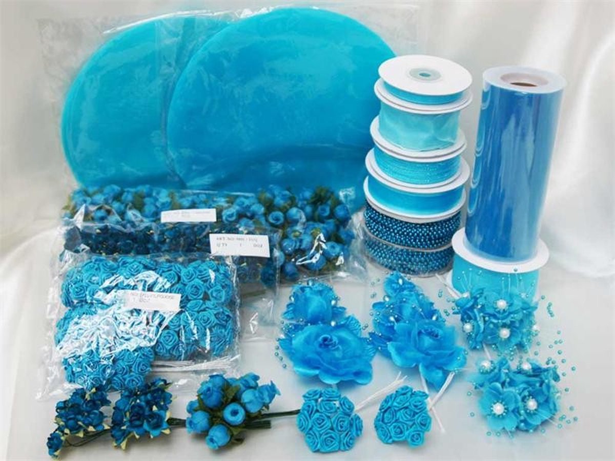 Super decoratie pakket turquoise - diy - hobby - knutselen - turquoise - kunstbloemen - tule - bedankje