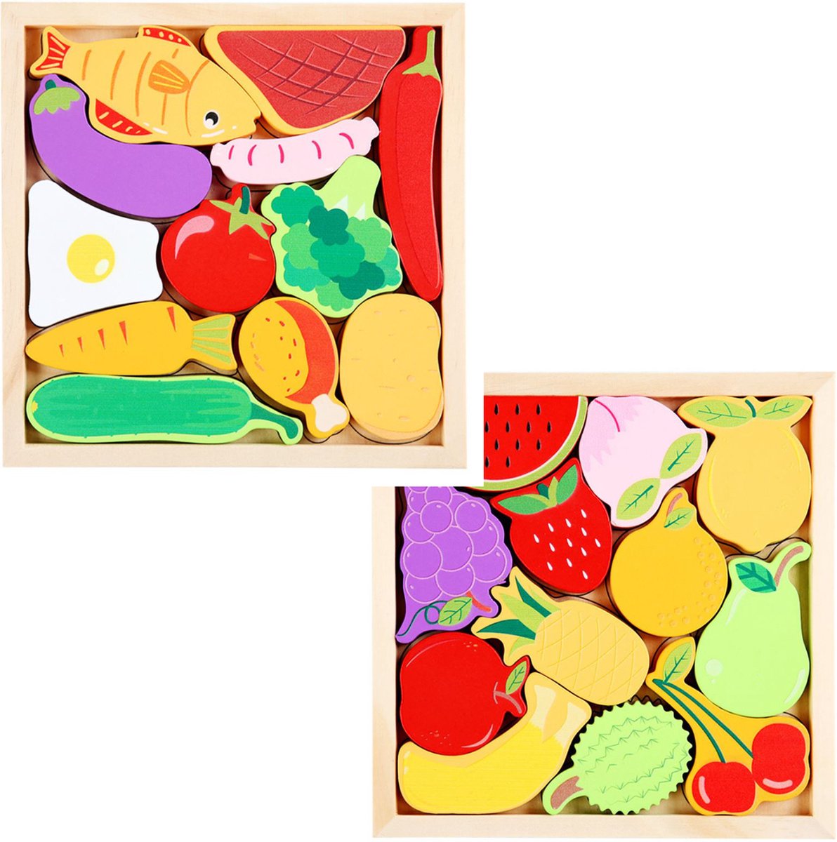 4yourkids - Houten speelgoed 2 set 3D puzzel - Fruit en Groenten - Blok puzzel - Vroege educatieve ontwikkeling - Jongens en meisjes - Kinderen - 3 jaar - Gift - Cadeau - Sinterklaas - Kerst