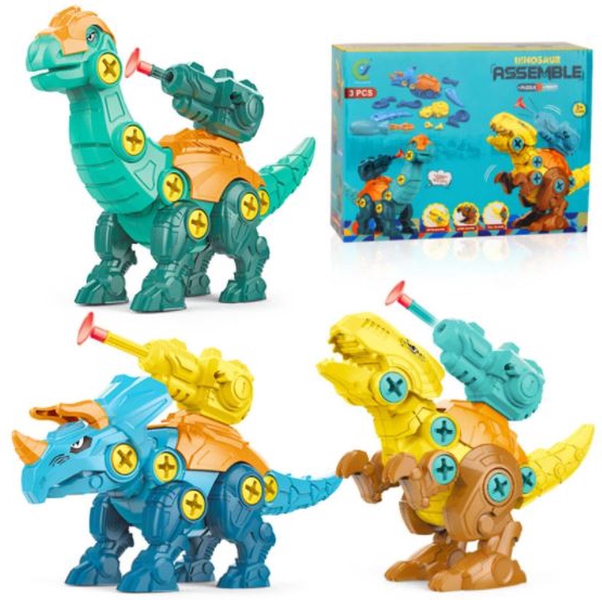 4yourkids - Speelgoed Dinosaurus DIY set - Multikleur - 3 stuks - Vroege educatieve ontwikkeling - Met Pijlenkanon - Jongen en meisjes - Kinderen - 3 jaar - Gift - Cadeau - Sinterklaas - Kerst